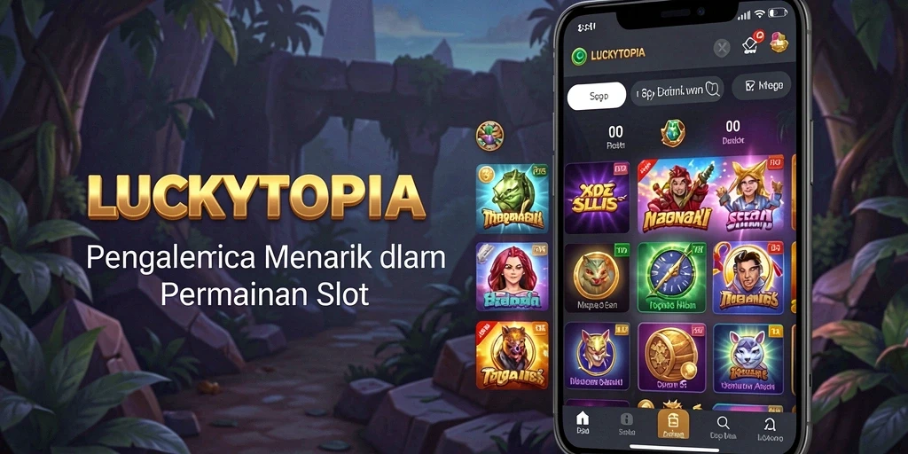 Tampilan menarik dari permainan Slot LUCKYTOPIA dengan fitur bonus.
