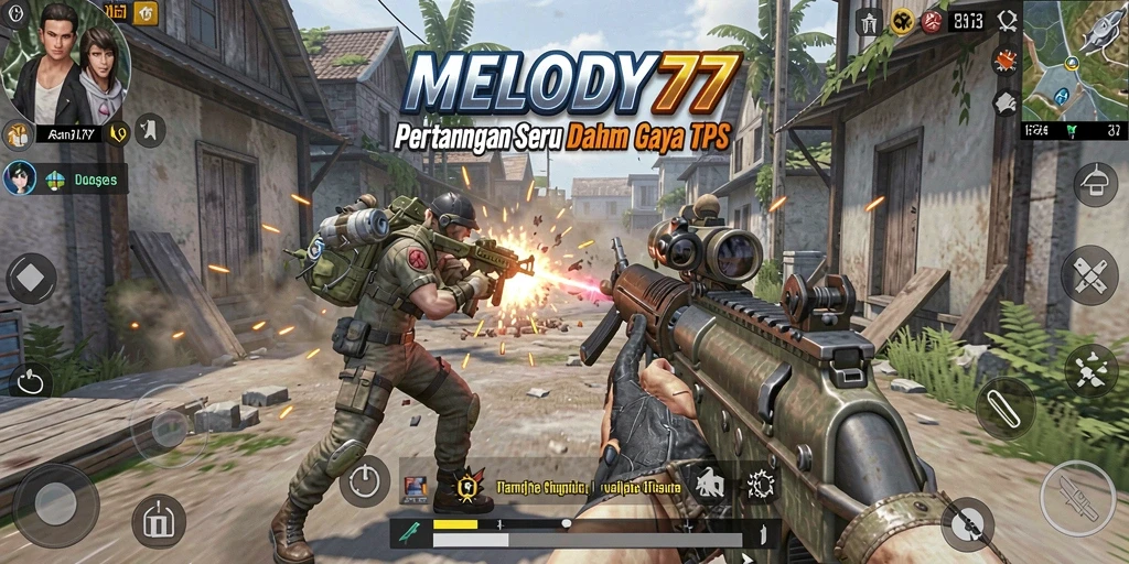Tangkapan layar gameplay seru MELODY77 dalam aksi TPS.